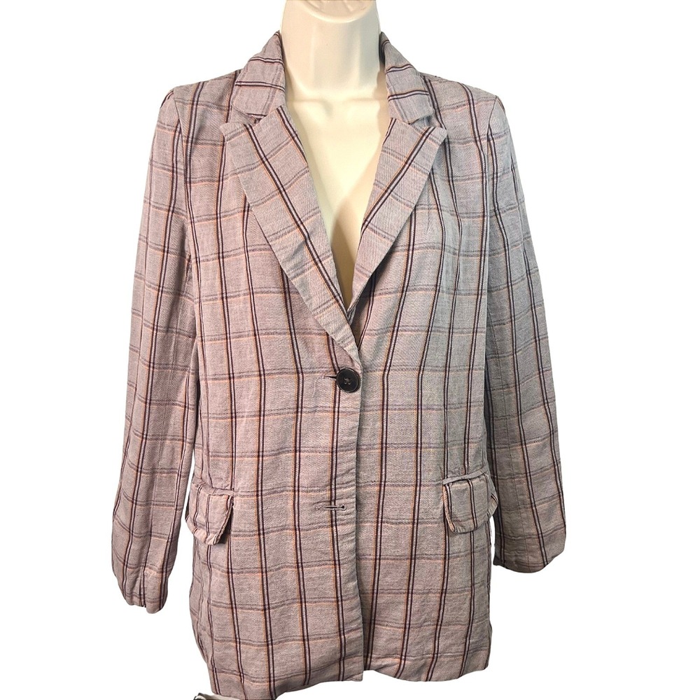 Frank & Oak Plaid Blazer Linen Blend Preppy Boho Boss Babe Office Size XS